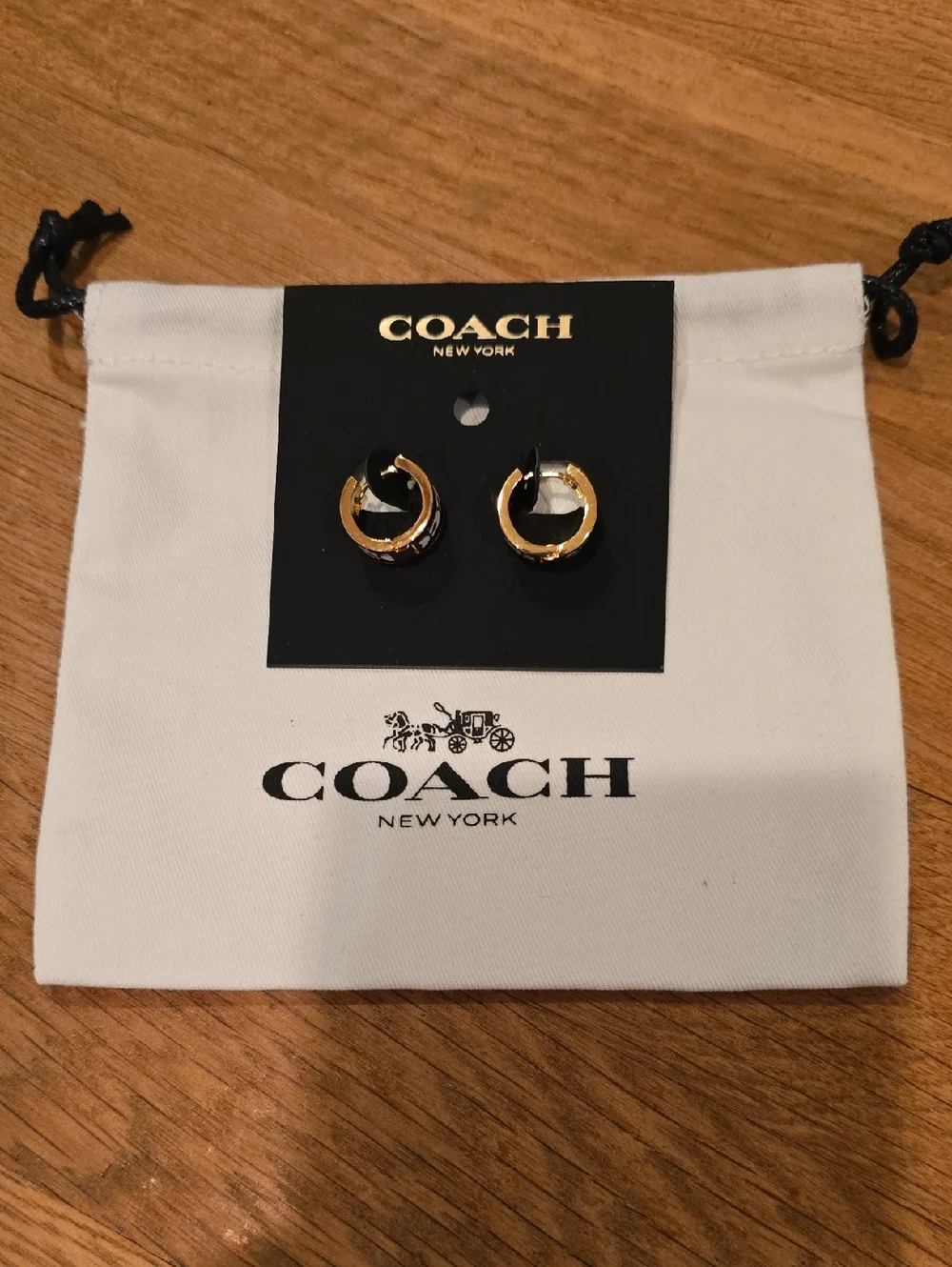 Coach Gold Tone Earrings with Black Enamel Accent & Dustbag - Picture 5 of 5